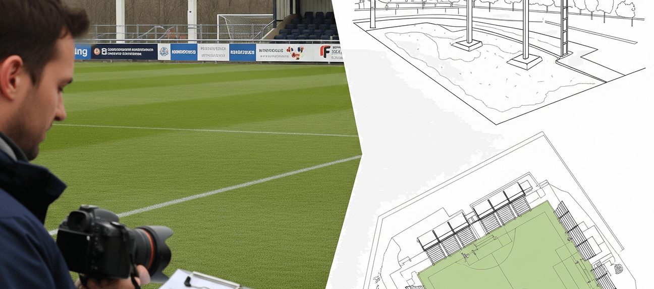 Project manager reviewing scoreboard installation site plans during preparation.