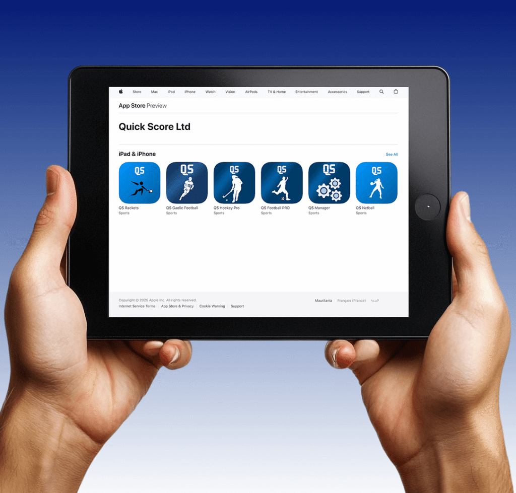 Sports scoring software interface on tablet showing match control dashboard.